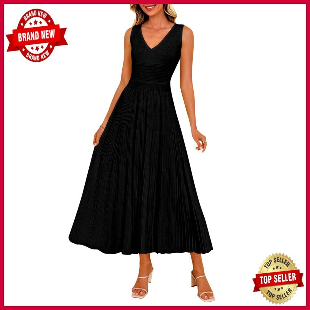 Sleeveless V-Neck Midi Dress Elegant Business Casual Cocktail A-Line Knit